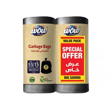Wow Black Garbage Bag Roll 55 Gallon 15 Pcs Pack Of 2